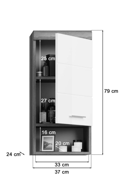 Rootz Narrow Wall Cabinet - Bathroom Furniture - Wood Material - White High-Gloss Front - Smoke Silver Body - 37cm x 79cm x 24cm