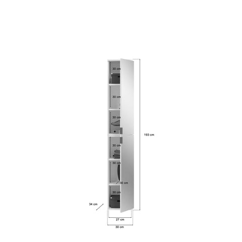 Rootz Narrow Tall Cabinet - Hall Cupboard - Slim Wardrobe - Wood Material - High-Gloss White - 30cm x 193cm x 34cm