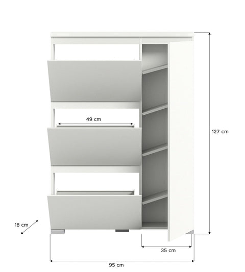 Rootz Shoe Tipper - White Shoe Rack - Nox Oak Decor - 1 Door - 3 Flaps - 95cm x 65cm x 120cm