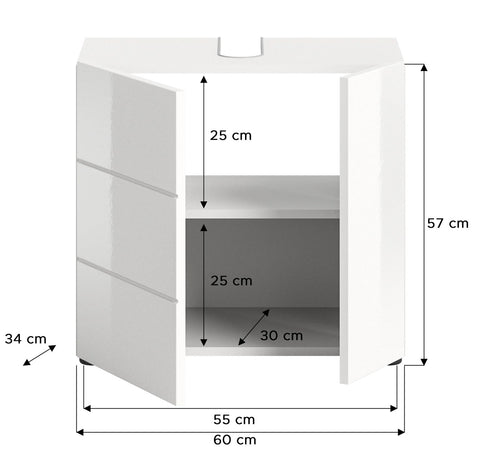 Rootz Vira Washbasin Cabinet - Vanity Cabinet - Base Unit - White High Gloss - Melamine Body - 60cm x 56cm x 34cm
