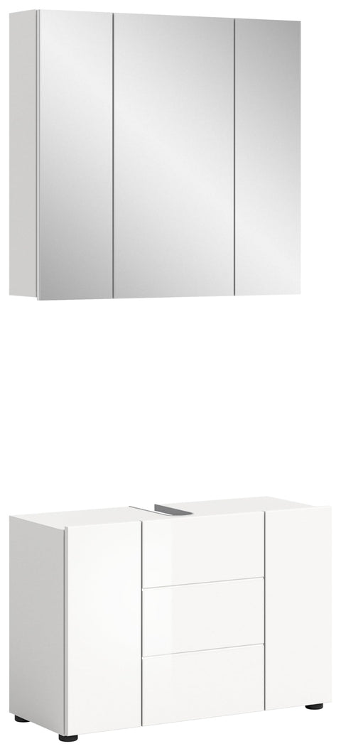 Rootz Vira 2 Piece Set Bathroom Furniture - Vanity Set - White Gloss - Spacious Storage - Approx. 82cm x 190cm x 34cm