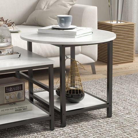 Rootz Marble Look Coffee Tables Set - Side Tables - Living Room Furniture - Steel Frame - 80cm x 54cm x 41cm, 60cm x 60cm x 51cm