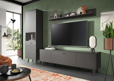 Rootz 3-Piece Living Room Set - Display Cabinet - Lowboard - Industrial Design - MDF Checkered - 258cm x 195cm x 40cm