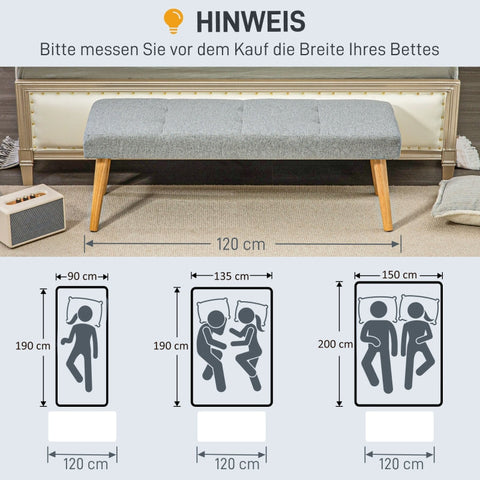 Rootz Bed Bench - Upholstered Bench - Window Seat - Thick Padding - Imitation Linen - Rubber Wood Legs - 120cm x 41cm x 43cm