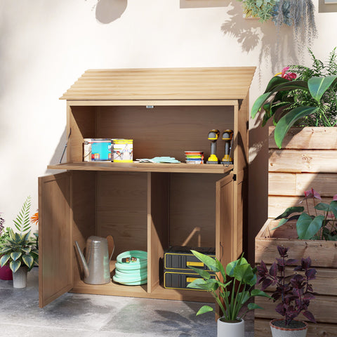Rootz Garden Storage Cabinet - Outdoor Tool Shed - Fold-Out Table - Weatherproof - 110 x 54 x 136 cm - Fir Wood - Brown