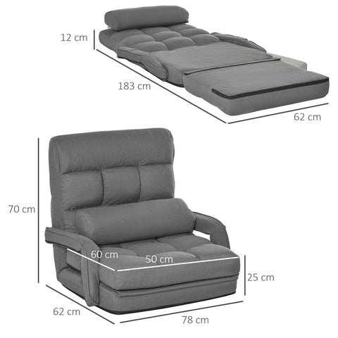 Rootz Sleeping Armchair - Upholstery Armchair - Convertible Chair - 5-Stage Recline - Grey - 78cm x 62cm x 70cm Sofa / 183cm x 62cm x 12cm Bed