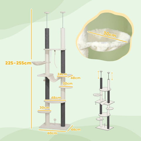 Rootz Ceiling High Scratching Post - Cat Tree - Adjustable Cat Tower - Space-Saving Design - 60cm x 44cm x 225-255cm