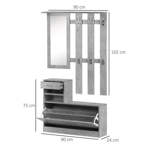 Rootz 3-in-1 Entrance Furniture Set - Wardrobe Set - Hallway Organizer - Shoe Storage & Mirror - Concrete Grey - 90x24x102 cm