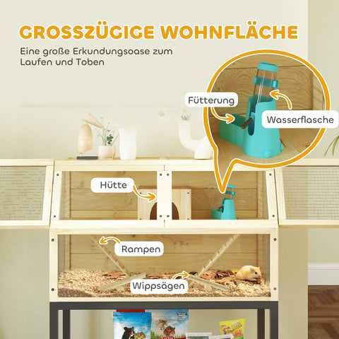 Rootz Wooden Dwarf Hamster Cage - Small Animal House - Two-Story Pet Enclosure - Storage & Mobility - 87 x 43 x 101cm