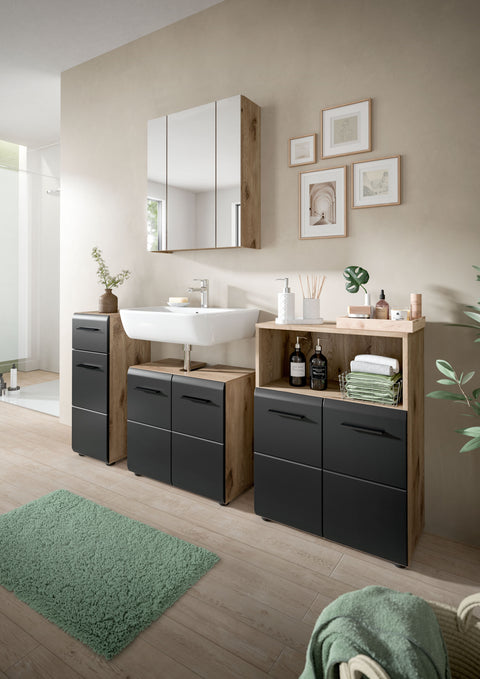 Rootz 3-Piece Bathroom Combination Set - Bath Vanity - Stylish Cabinets - Compact & Easy Assembly - 105cm x 185cm x 30cm - Black and Brown Finish