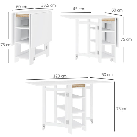 Rootz Foldable Kitchen Table - Dining - Space-Saving - 3 Shelves - Modern Design - 120cm x 60cm x 75cm - White