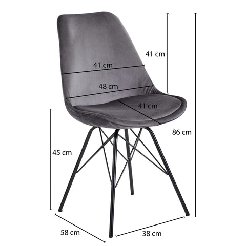 Rootz Set of 2 Modern Dining Chairs - Scandinavian Design - Velvet Seat Cushion - Sturdy Metal Legs - Gray and Black - 48cm x 86cm x 58cm - Prevents Floor Scratching - Comfortable Sitting - Secure Stand