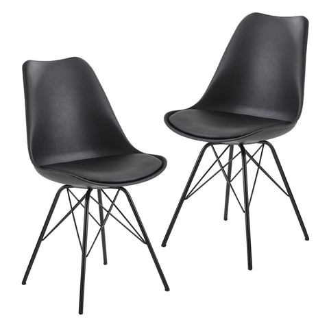 Rootz Set of 2 Modern Dining Chairs - Scandinavian Design - Kitchen Chairs - Plastic Seat Shell - Imitation Leather Seat Cover - Lacquered Iron Legs - 48cm x 86cm x 58cm