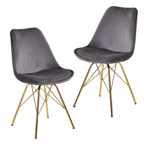 Rootz Set of 2 Modern Dining Chairs - Scandinavian Design - Velvet Seat - Gold Legs - 48cm x 86cm x 58cm - Gray - Sturdy Construction - Comfortable Padding - Easy Assembly