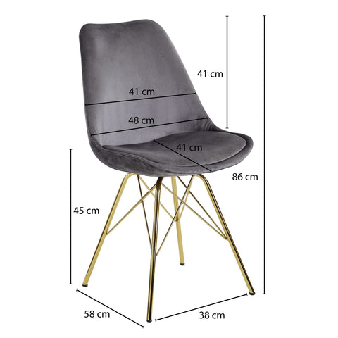 Rootz Set of 2 Modern Dining Chairs - Scandinavian Design - Velvet Seat - Gold Legs - 48cm x 86cm x 58cm - Gray - Sturdy Construction - Comfortable Padding - Easy Assembly