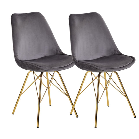 Rootz Set of 2 Modern Dining Chairs - Scandinavian Design - Velvet Seat - Gold Legs - 48cm x 86cm x 58cm - Gray - Sturdy Construction - Comfortable Padding - Easy Assembly