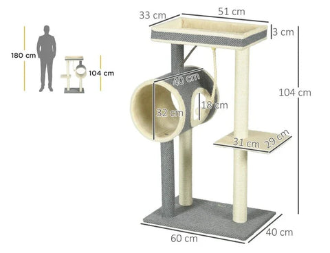 Rootz Cat Scratching Post - 1 Cat Cave - 2 Lying Surfaces - Chipboard - Plush - Imitation Linen - Gray + Natural - 60 cm x 40 cm x 104 cm