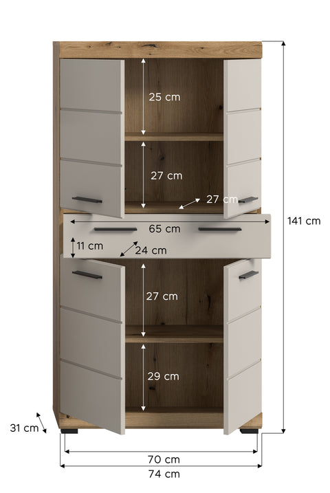 Rootz Midi Cabinet - Storage Unit - Versatile Furniture - Easy-care MDF - 74x141x31cm Brown