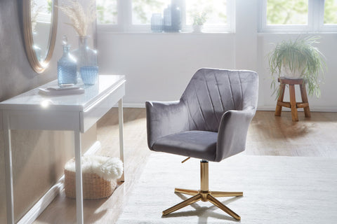Rootz Swivel Chair - Desk Chair - Velvet Upholstery - Padded Armrests - 360° Rotation - Gold Base Frame - 80-97cm x 55cm x 55cm