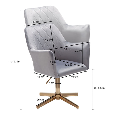 Rootz Swivel Chair - Desk Chair - Velvet Upholstery - Padded Armrests - 360° Rotation - Gold Base Frame - 80-97cm x 55cm x 55cm