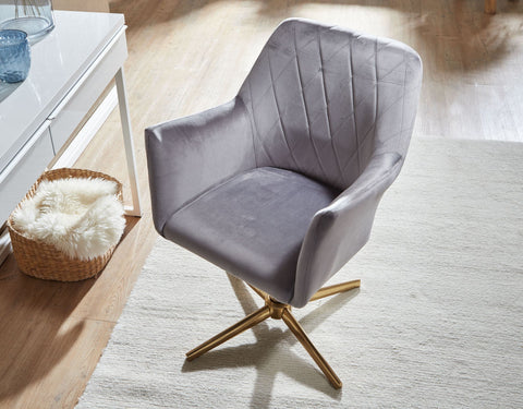 Rootz Swivel Chair - Desk Chair - Velvet Upholstery - Padded Armrests - 360° Rotation - Gold Base Frame - 80-97cm x 55cm x 55cm