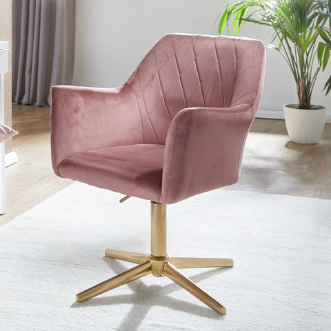 Rootz Swivel Chair - Desk Chair - Velvet Upholstery - Padded Armrests - 360° Rotation - Gold Base Frame - 80-97cm x 55cm x 55cm - Pink - 120kg Capacity