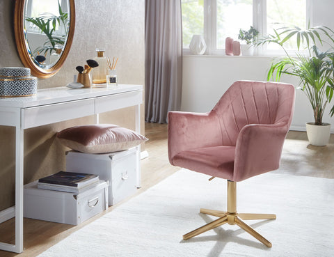 Rootz Swivel Chair - Desk Chair - Velvet Upholstery - Padded Armrests - 360° Rotation - Gold Base Frame - 80-97cm x 55cm x 55cm - Pink - 120kg Capacity