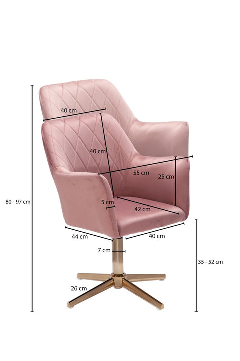 Rootz Swivel Chair - Desk Chair - Velvet Upholstery - Padded Armrests - 360° Rotation - Gold Base Frame - 80-97cm x 55cm x 55cm - Pink - 120kg Capacity