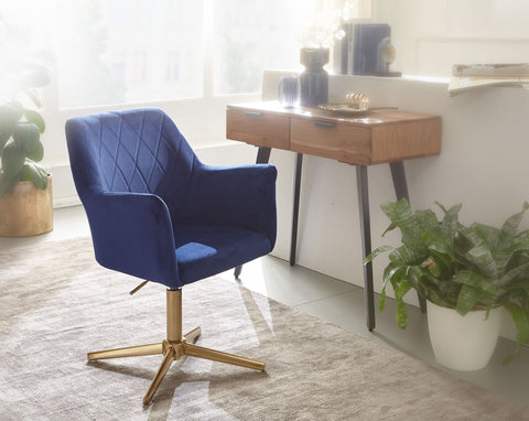 Rootz Swivel Chair - Desk Chair - Velvet Upholstery - Padded Armrests - 360° Rotation - Gold Frame - 80-97cm x 55cm x 55cm