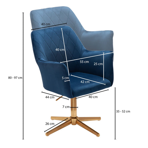 Rootz Swivel Chair - Desk Chair - Velvet Upholstery - Padded Armrests - 360° Rotation - Gold Frame - 80-97cm x 55cm x 55cm