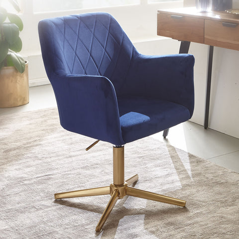 Rootz Swivel Chair - Desk Chair - Velvet Upholstery - Padded Armrests - 360° Rotation - Gold Frame - 80-97cm x 55cm x 55cm