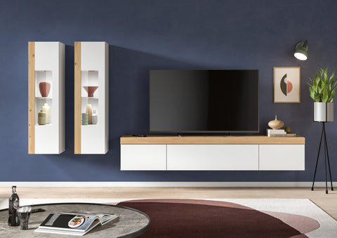 Rootz 3 Piece White Living Room Set - Display Cabinet - Lowboard - Handleless Design - Chipboard - 270cm x 34cm x 33cm