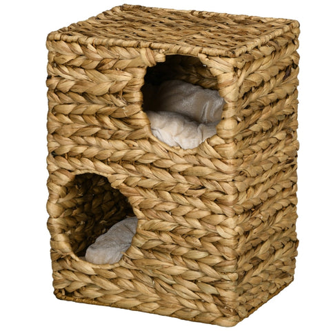 Rootz Cat Tower - Scratching Post - Three-Story Cat Condo - Washable Cushions - Natural Water Hyacinth - 40cm x 31cm x 55cm