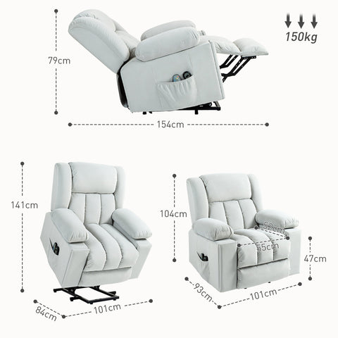 Rootz Electric Riser Chair - Recliner - Massage Chair - Velvet Fabric for Optimal Comfort - 101W x 93D x 104H cm