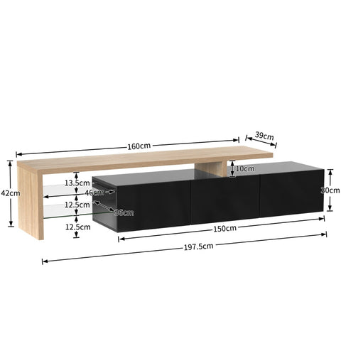 Rootz Elegant TV Cabinet - High Gloss Black - Wood Look - Glass Shelves - LED Lighting - 197.5L x 39W x 42H cm