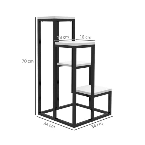 Rootz Flower Shelf - 4 Tier Plant Shelve - Flower Rack - Indoor & Outdoor - Metal Frame - Fir Wood - Black + White - 34L x 34W x 70H cm