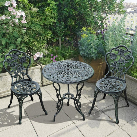 Rootz 3 Piece Bistro Set - Garden Furniture - Outdoor Patio Set - Antique Green - Weatherproof - Durable - Parasol Holder - Chair: W49 x D40 x H82 cm, Table: Ø60 x H69 cm