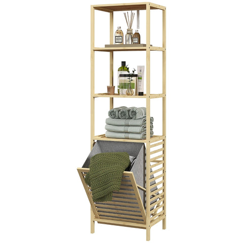 Rootz Bamboo Bathroom Cabinet - Slim Storage Unit - Tilting Laundry Hamper - Natural Finish - 44cm x 33cm x 160cm