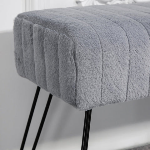 Rootz Faux Fur Padded Bench - Upholstered Seat - Entryway Hallway Bench - Grey - Eucalyptus Wood - Metal Legs - 82cm x 30cm x 47cm