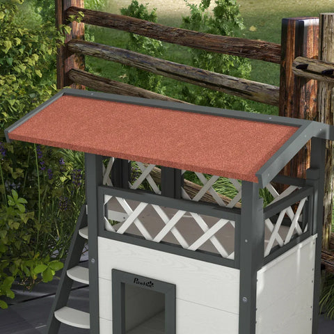 Rootz Cat House - Pet Kennel - Asphalt Roof - 2 Levels  1 Ladder - Fir Wood - White + Red - L77 x W50 x H73 cm