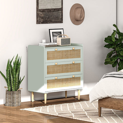 Rootz Bedroom Chest of Drawers - Clothing Storage - Rattan Fronts - Anti-Tipping Design - 80L x 40W x 87.5H cm - Green and Brown MDF
