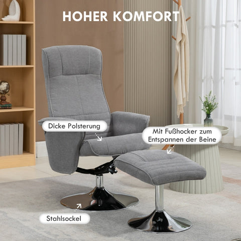 Rootz Recliner Chair with Stool - Swivel Chair - Tilting Backrest - Ultra-Soft Padding - 69cm x 71cm x 104cm - Velvet Fabric - Gray