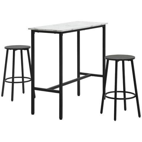 Rootz Bar Set For 2 People - 1 Table With 2 Bar Stools - Table Top In White Marble Look - Steel Frame - White + Black - 100cm x 40cm x 90H cm