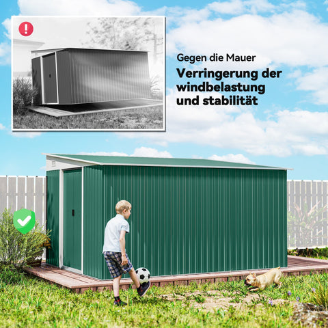 Rootz Metal Device Shed - Garden Storage - Equipment Shed - Lockable & Weatherproof - 280 x 345 x 201cm - Green