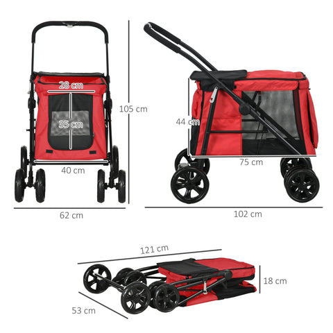 Rootz Dog Stroller - Pet Carrier - Cat Buggy - Collapsible & Portable - Red - 102cm x 62cm x 105cm - Easy Transport