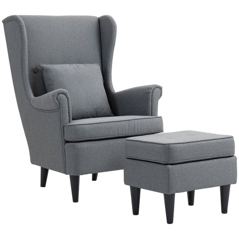 Rootz Wing Chair with Foot Stool - Upholstered Armchair - Comfortable High Backrest - 75cm x 83cm x 104cm - Elegant Grey Linen-Like Fabric