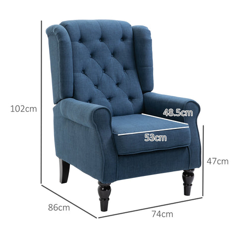 Rootz Elegant Wing Chair - Armchair - Accent Chair - High Comfort - 74cm x 86cm x 102cm - Blue
