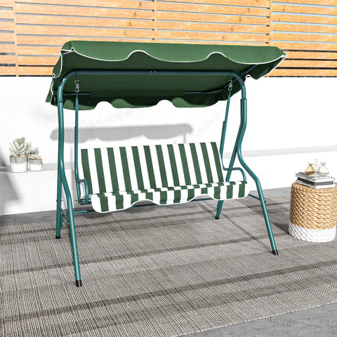 Rootz Hollywood Swing - Garden Lounger - Rocking Bench - Weather Resistant - 3 Seater - Sun Canopy - Metal-polyester-foam - Green-White - 170L x 110W x 153H cm