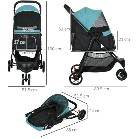 Rootz Dog Stroller - Pet Stroller - Dog Buggy with Rain Cover - Foldable - 2 Drink Holders - Blue + Black - 80.5cm x 51.5cm x 100cm