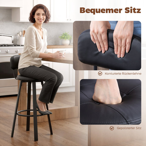 Rootz Set of 2 Bar Stools - Counter Chairs - High Chairs - Padded Faux Leather, 360° Swivel, Metal Frame, Black, 38x43.5x99 cm